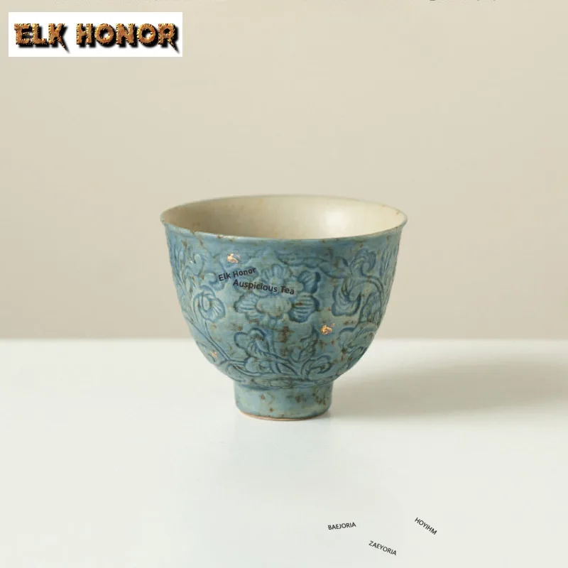 2pc/lot Golden Drawing Embossed Peony Teacup Blue Tea Bowl Sample Cup Tea-tasting Fragrance Cup Jianzhan Master Cup Teaware 70ml