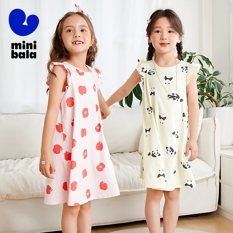 Mini Bala Summer New Kids Sweat-Absorbing Comfortable Nightgown Breathable Pure Cotton Girls Home Dress