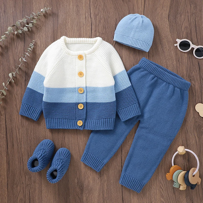 

1-3Y Infant Boys Autumn Winter Costumes Blue Long Sleeve Knitted Newborn Sweaters Jackets+Trousers+Hats+Shoes Suits 4pcs Outwear