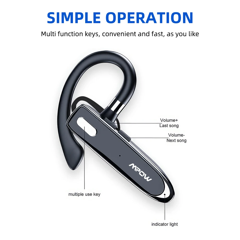 Mpow YYK530 سماعة أذن للأعمال مزودة بتقنية البلوتوث V5.3 إلغاء الضوضاء سماعة سائق شاحنة لاسلكية بدون استخدام اليدين داخل الأذن سماعة وقت التحدث 12 ساعة