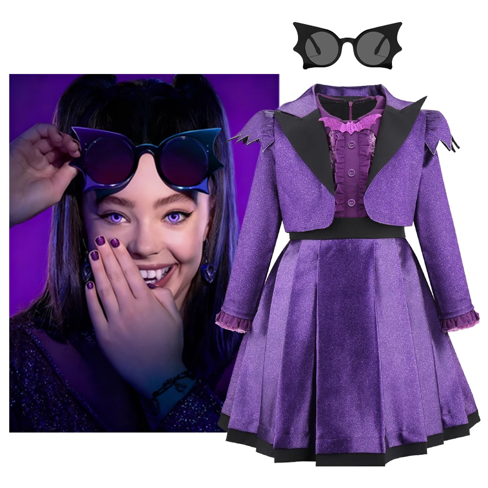 

Kids Vampire Costume Purple Black Witch Dress Gothic 2-Piece Set with Accessories Halloween Cosplay Outfit for Teenage Girl