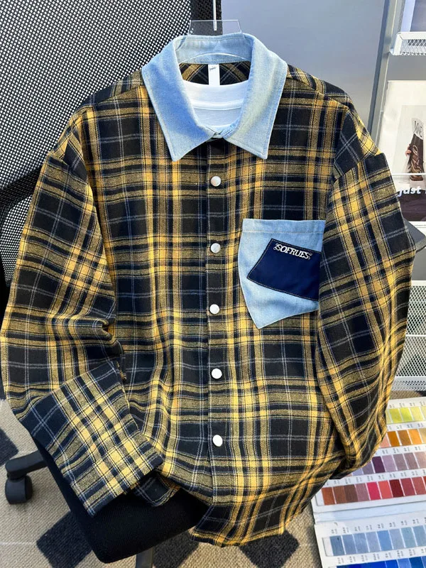 

Long Sve Plaid irt Vintage American Sle Youth Faion Boyfriend Loose Fit Four Seasons Classic Collar Women's Patchwor...