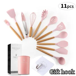 Pink Cooking Kitchenware Tool Silicone Utensils with Wooden Multifunction Handle Non-Stick Spatula Ladle Egg Beaters Shovel New