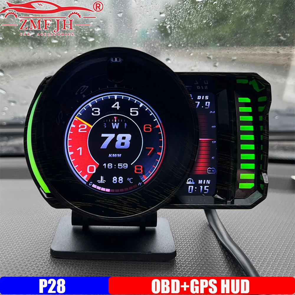 LCD Meter P28 Car HUD OBD2+GPS Head Up Display Speedometer RPM Time Mileage Odometer Water Oil Temp Press Air Fuel Ratio Alarm