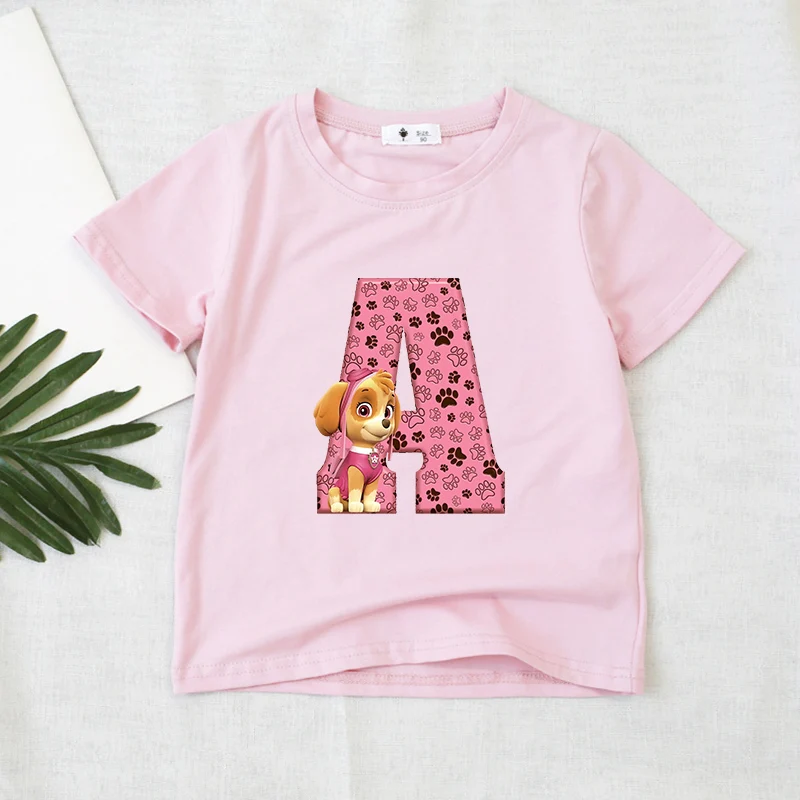 Paw Patrols Summer Kids Clothes Pink Baby Girl T Shirt Short Sleeve Cartoon Skye Letter Print Tops Toddler Tees Birthday Gifts