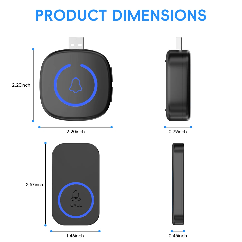 RF433 MHz Wireless Doorbell Outdoor For Home USB Smart Door Bell Pairing Remote Control 60 Ringtongs 5 Levels Adjustable Volume