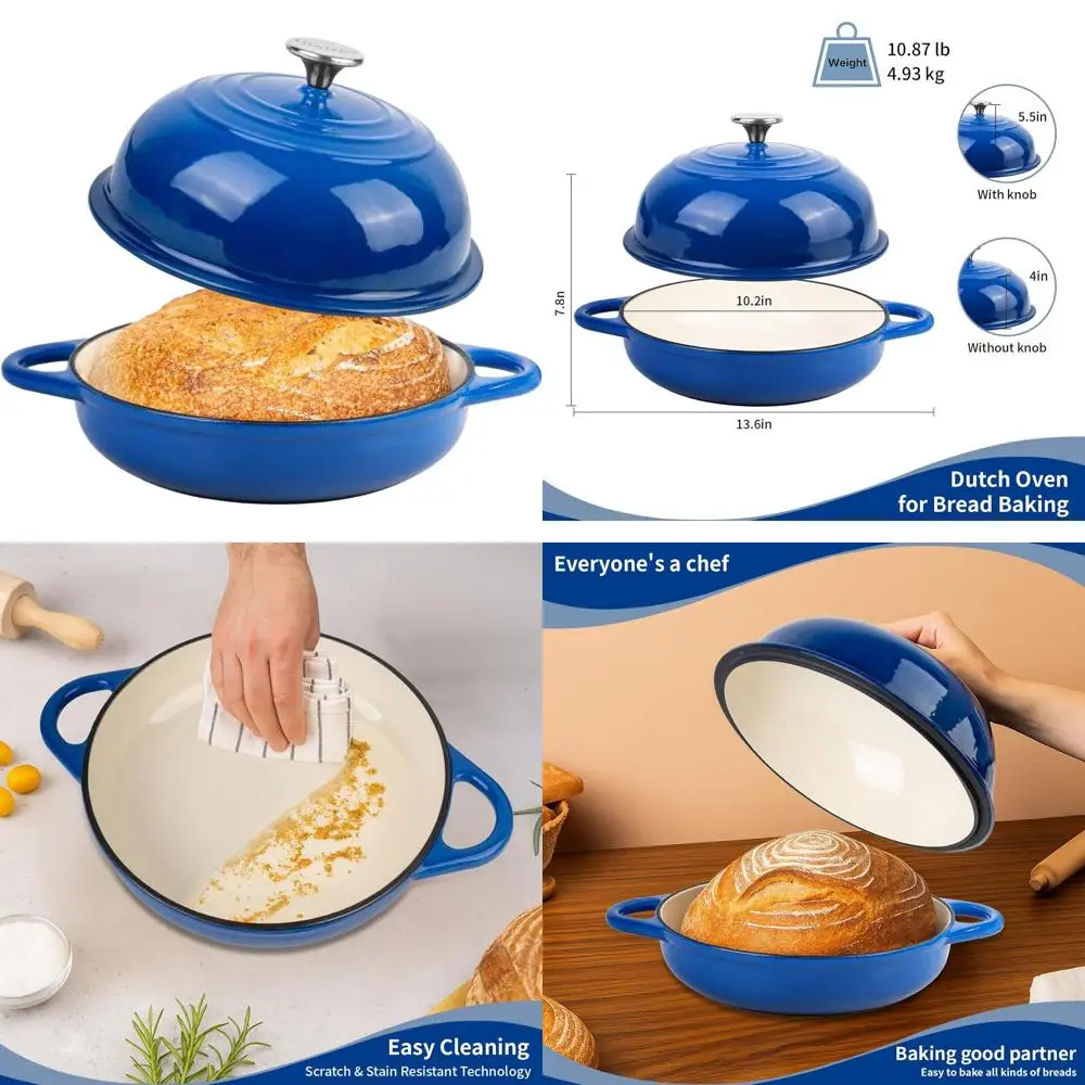 

Чугунная эмалированная хлебопекарная печь объемом 5,4 литра, синяя, идеально подходит для выпечки в голландской печи и на закваске, до 500 градусов Цельсия ° Ф