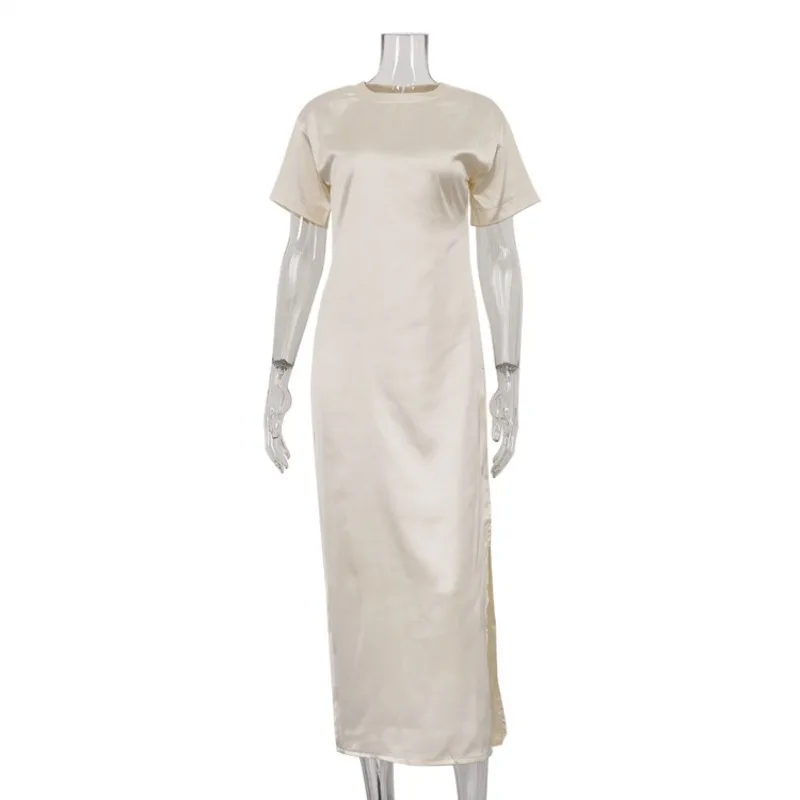 Talenza Casual Satin Long Dress Fashion Solid Loose Short Sleeve Slit Long Dress Summer Commuter Elegant Women Dresses Vestidos