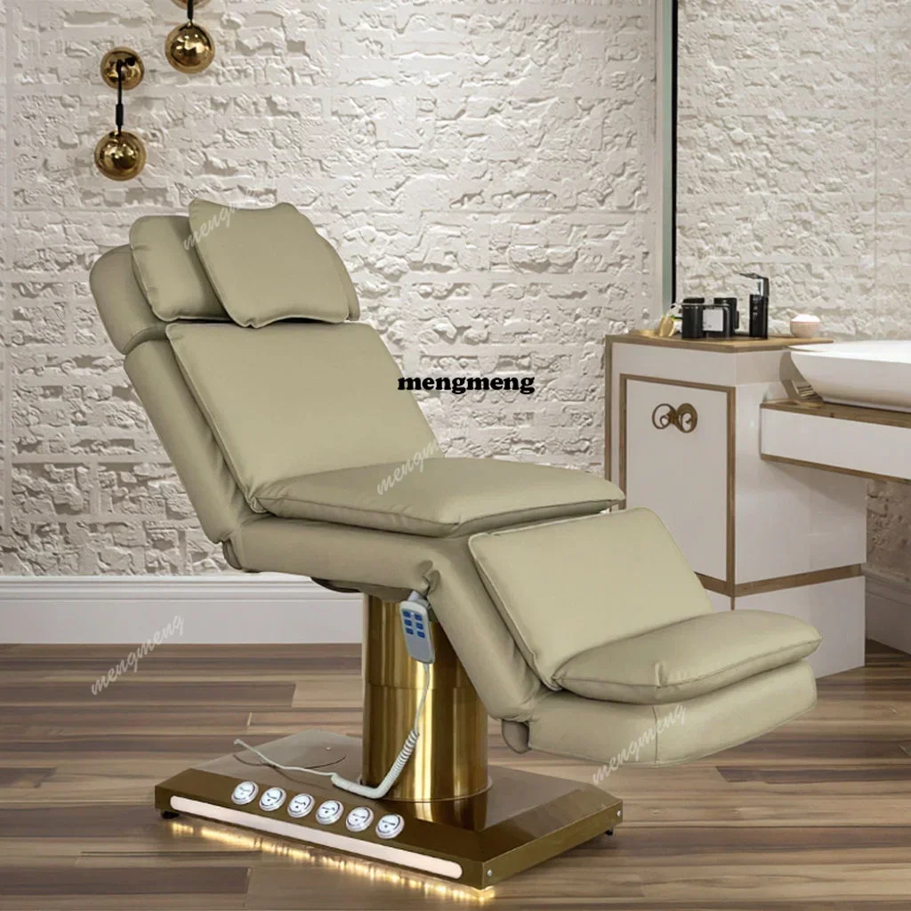 F182Luxury Spa Massage Table Lash Bed Beauty Salon Esthetician Furniture Gold Base Electric Cosmetic Eyelash Bed Synthetic Leath