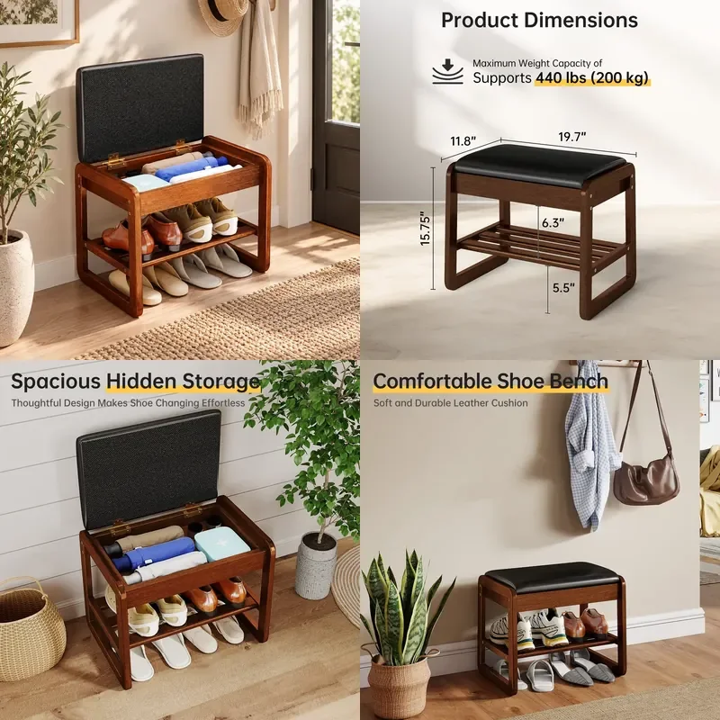 Wooden Shoe Rack Bench with Flip-Top Storage Rubberwood 2-Tier Shoe Organizer with Cushion for Entryway Mudroom Hallway