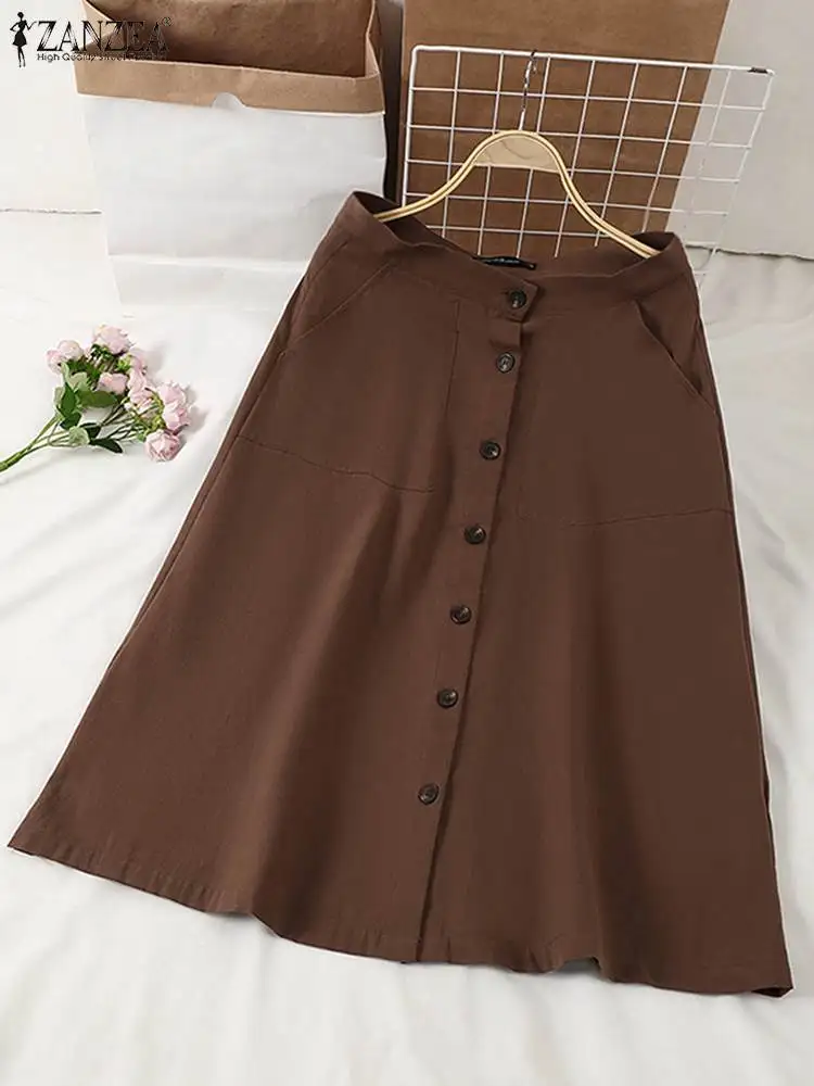 

Женская винтажная юбка Летний сарафан ZANZEA Элегантная рабочая юбка с высокой талией Jupe Однотонная трапециевидная юбка Faldas Saia Свободный халат на пуговицах