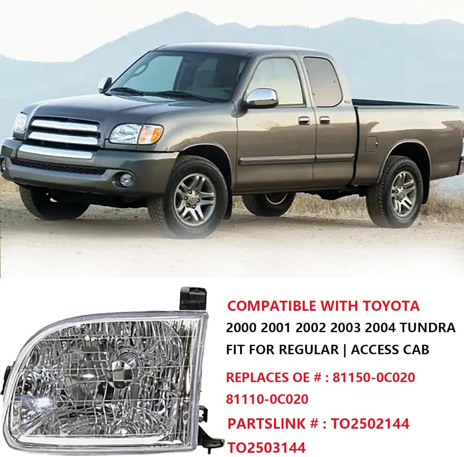 Halogen Headlamp Assembly Compatible with 2001-2004 Toyota Tundra Regular/Access Cab - Chrome Housing Clear Lens, Driver & Passe