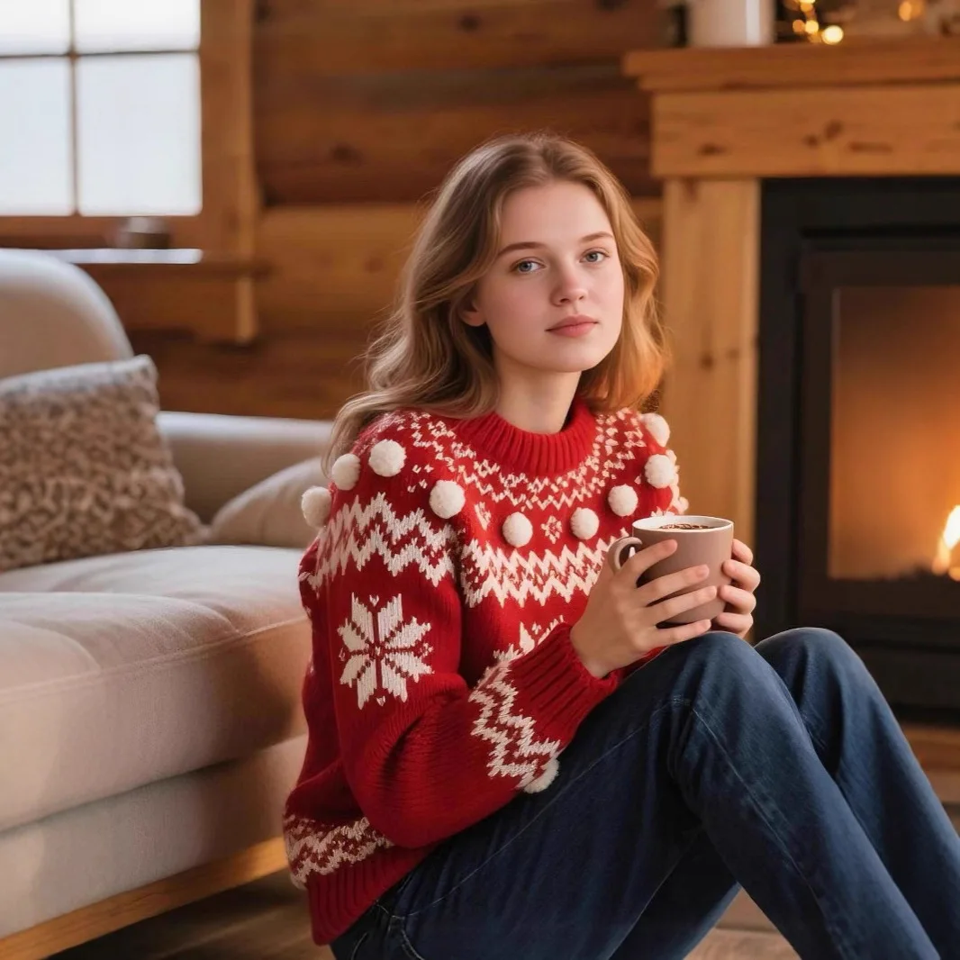 

Рождественский ленивый теплый женский вязаный свитер, модный трехмерный меховой шар, украшение, круглый вырез, свободный свитер с длинными рукавами