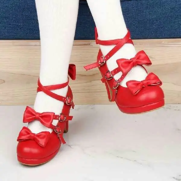 Chaussures lolita vintage pour femmes, style japonais, à bout rond et talons hauts de 5 à 8cm, en dentelle, nœud papillon, bande croisée, kawaii, cosplay