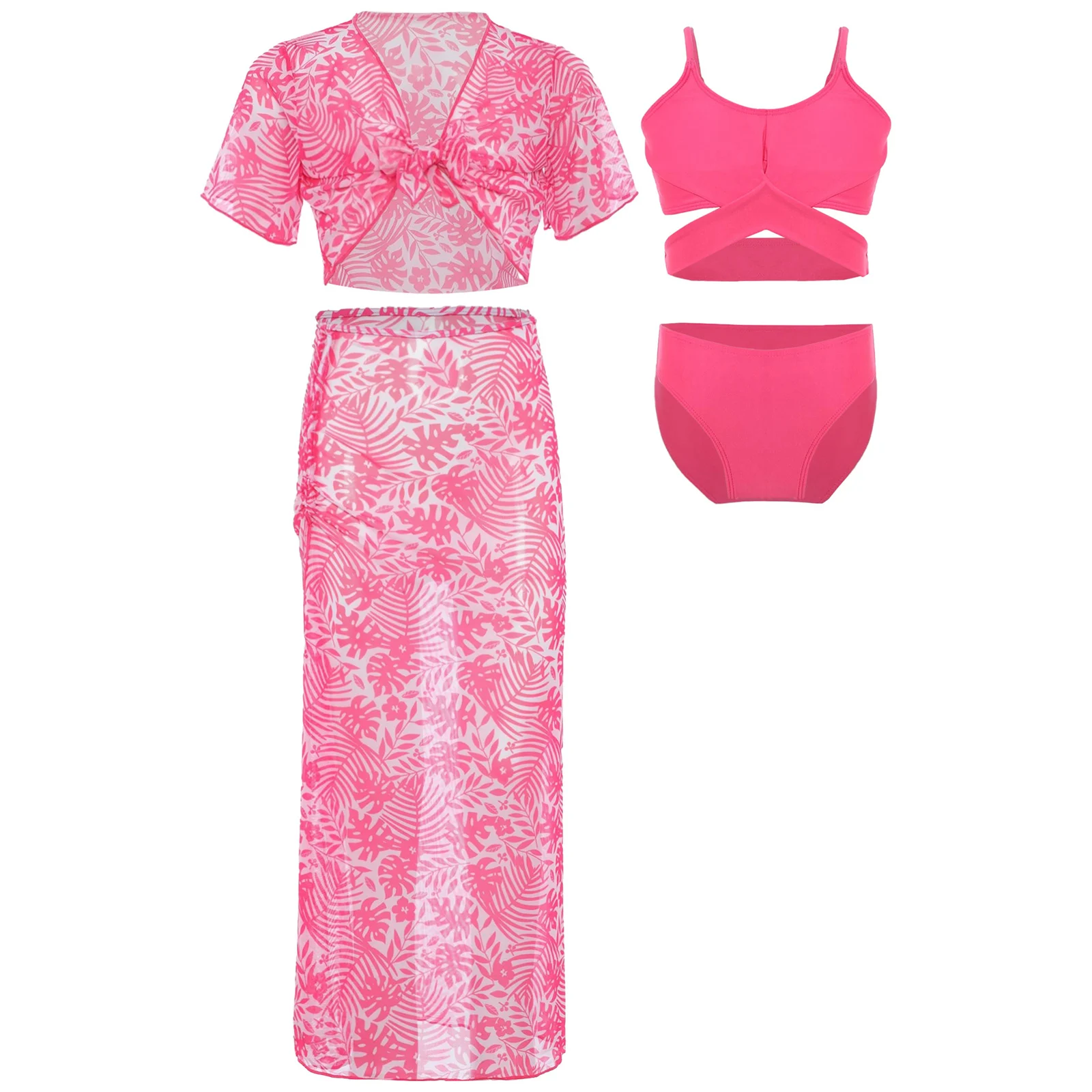 

Girls 4 Piece Summer Swimsuits Twist Front Criss Cross Wrap Bikini Briefs Tropical Print Cover Up Tops And Skirt Bathing Suits
