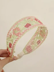 1 Pcs Pink Boho Floral Headband Embroidery Wide Hair Band,Bohemia Vintage Ethnic Style for Women Girls Hair Accessories