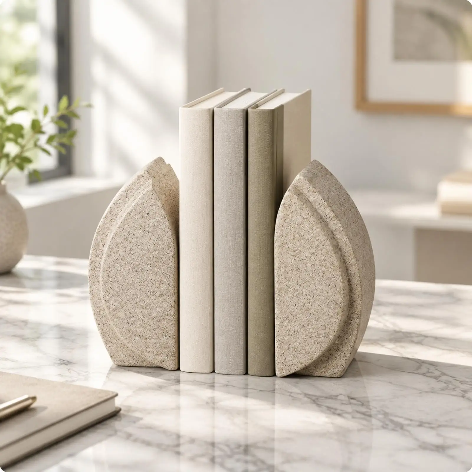 Petal-Shaped Bookend Decorative Stone-Pattern Bookend Bookends Textured Book Support Elegant for Desk, Office