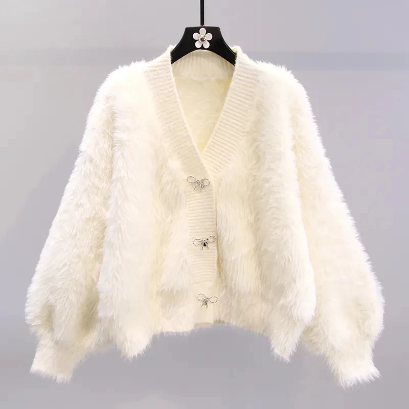 Pink Women Imitation Mink Knitted Cardigan Spring Fall Soft Cropped Tops Korean Bow Loose Sweater V-neck Casual Knitwear Coat