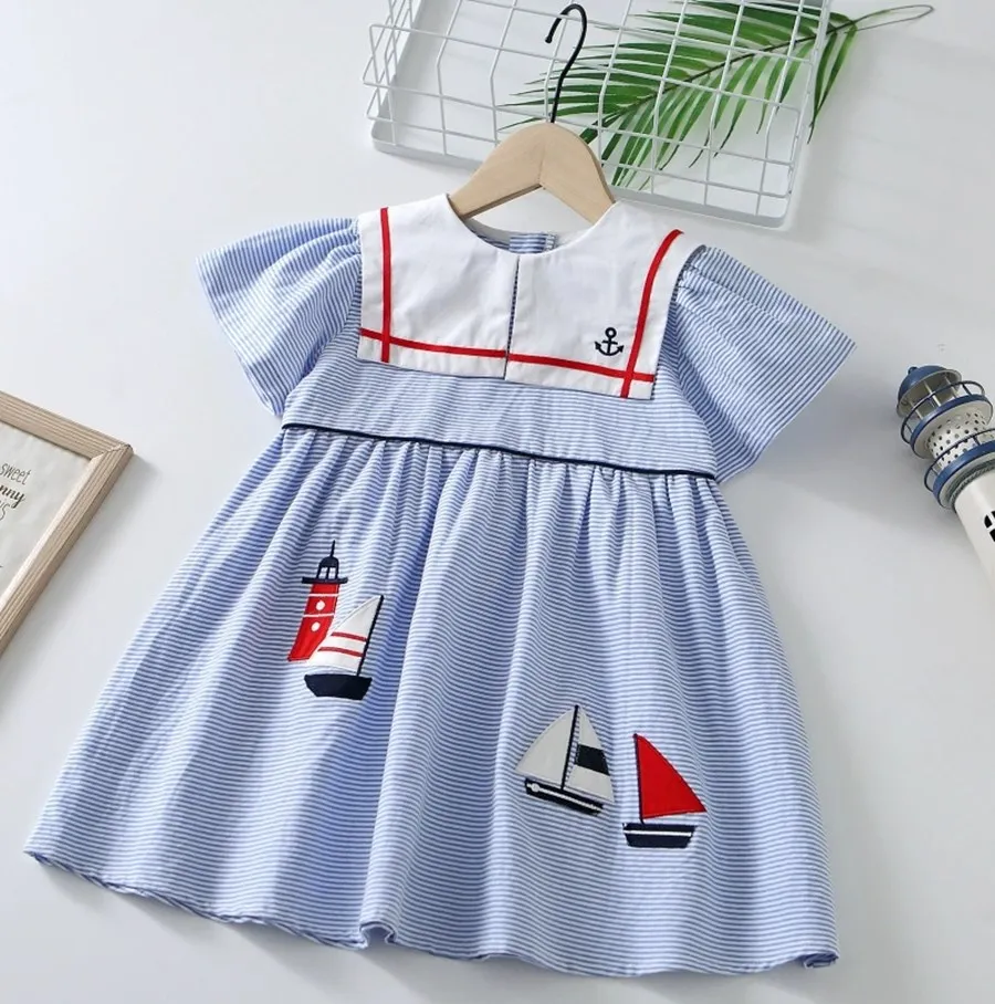 

baby girls clothes kids dress cute girl dress Navy style girls' blue dress summer short sleeved dress