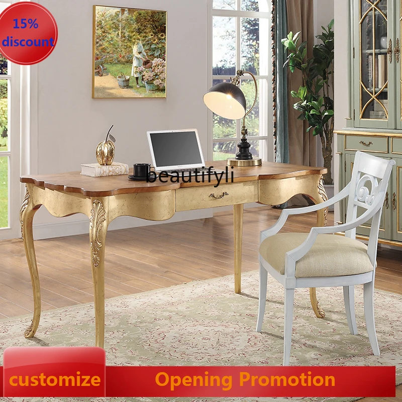 

French Retro Mahogany Desk Chair Combination Gold-Painted Old High-End Solid Wood Study Furniture G1218