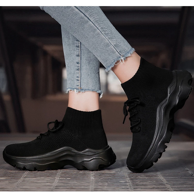 

Black Platform Shoes Walking Breathable Women Running Shoes Height-Increasing Socks Shoes Spring Outdoor Casual Sports Shoes