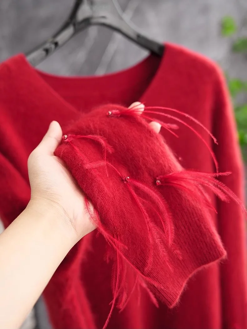 

Red Knitted Sweater with Ostrich Feather Cuffs V-Ne Cisas New Year Ele Woolen Ladylike Straight Cut Knitwear