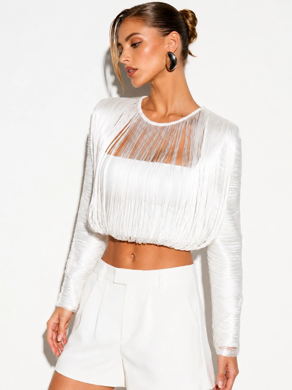 Modphy Sexy Solid Women Top O Neck Fringe Tassel Long Sleeve Crop Tops 2026 Autumn Fashion Chic Party Outfits