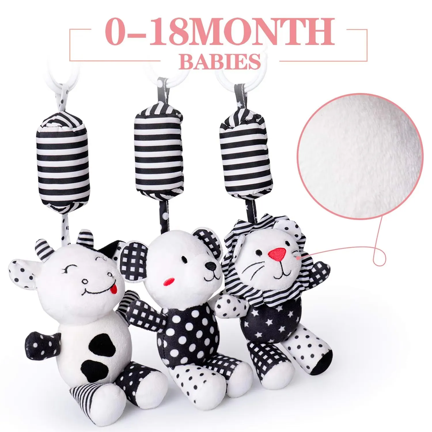 Jouets de siège de voiture en peluche spirale pour bébé, jouets de hochet pour nouveau-né, jouets mentaires oriels mobiles CPull, noir et blanc, poussette, 0 à 12 mois