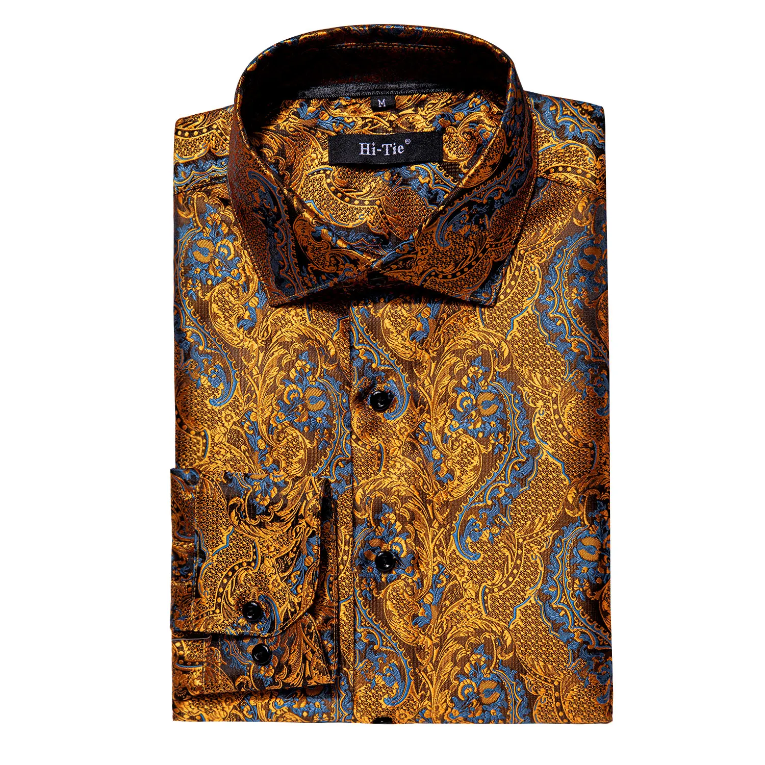 Hi-Tie Fashion Mens Silk Shirts Long Sleeve Gold Blue Paisley Jacquard Lapel Shirt Casual Formal Wedding Business Party Gifts