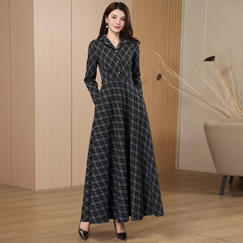 Blazer Collar Plaid Dress Women 2026 Spring Autumn New Slim Fit Maxi Dress Elegant Office Light Luxury Slimming Refined Long Dre