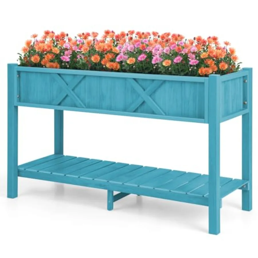 HIPS Raised Garden Bed, Elevated Planter Box w/Legs, Storage Shelf, Drainage Holes, Weather-Proof Standing Raised Beds for Back