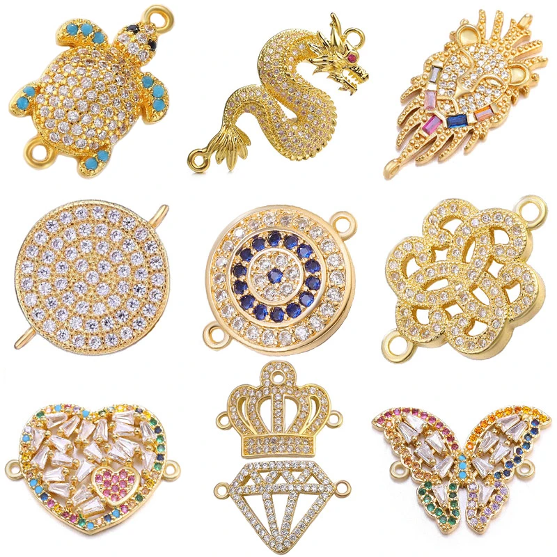 Juya 18K Gold Plated 2 Loops Dragon Greek Evil Eye Turtle Charms Connector For DIY Women Fashion Pendant Jewelry Making