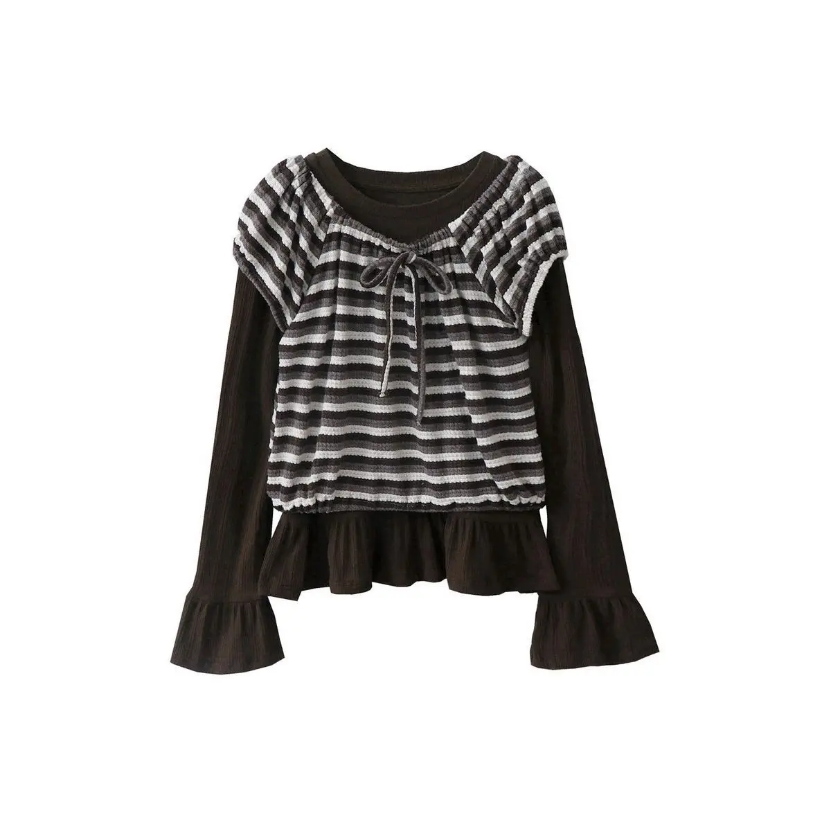 Stacked Striped Two-piece Top for Women's Spring and Autumn New Style Trumpet Sleeve T-shirt Short Sleeved Cover Shirt