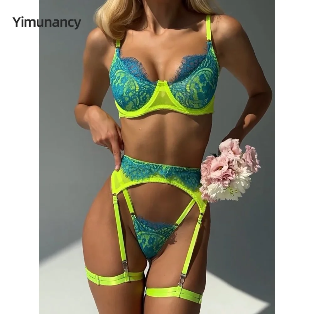 Yimunancy Sensual Lingerie Lace Delicate Underwear 4-Piece Sexy Underwear Exotic Sets Fancy Garter Brief Kits