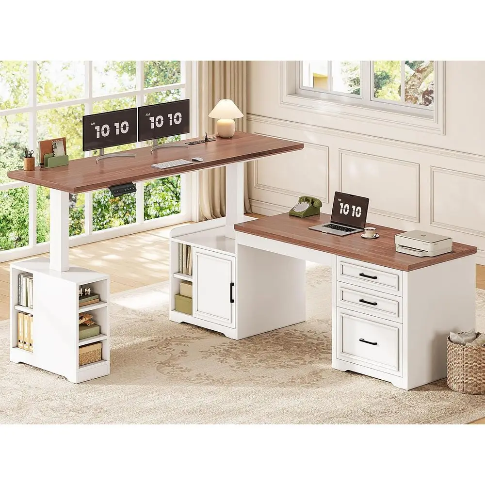 

L-Shaped Electric Standing Desk, 63 x 67, Height Adjustable, Home Office Desk with Drawers & Shelves, White