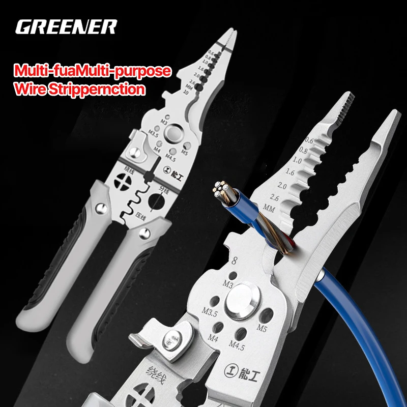 GREENER Self Adjusting Wire Stripper Crimper Cutter Pliers CR-V Steel Multi Function For Electrician Cable Auto Home Repair Tool