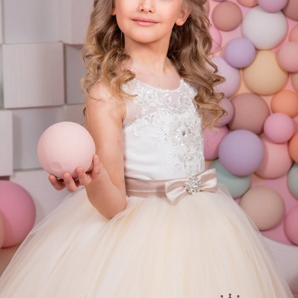 Lorencia-vestido de niña de flores de marfil para boda, vestido de princesa con lazo, cinturón, vestidos de desfile de belleza, primera comunión, fiesta de cumpleaños, YFD022