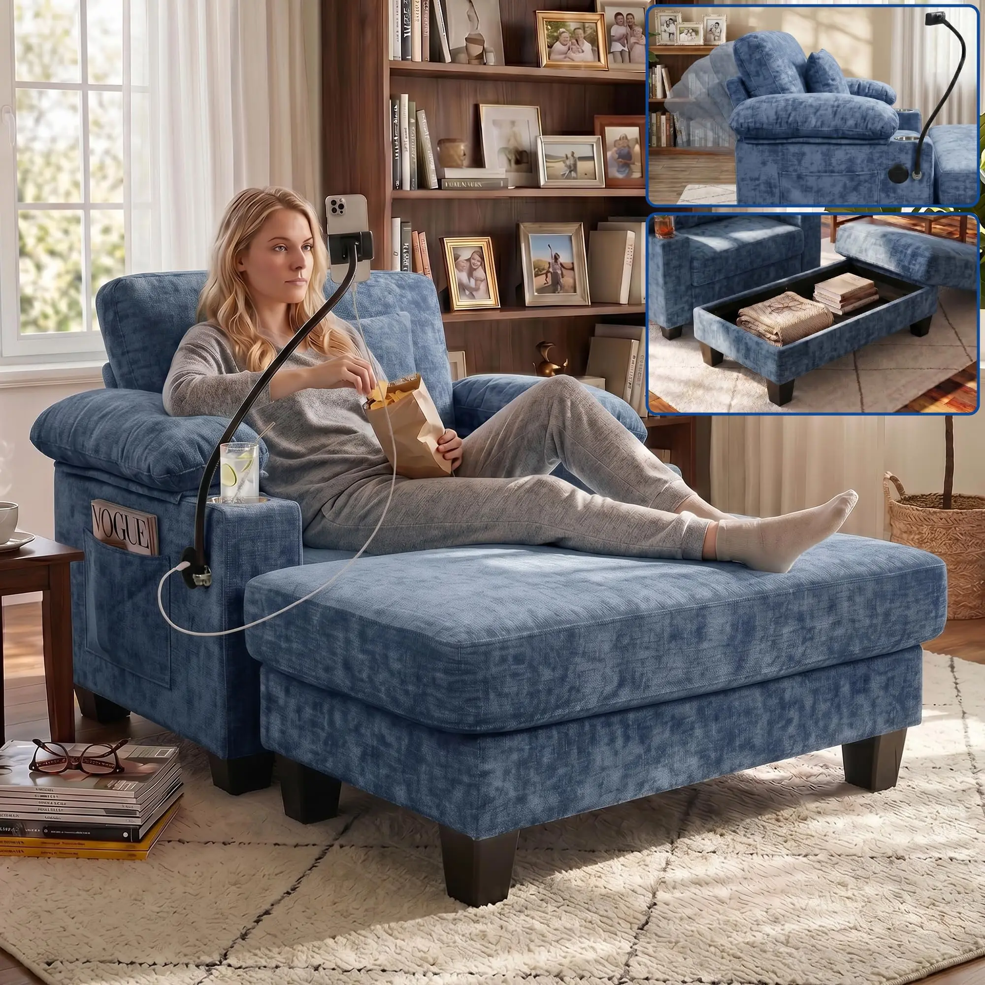 Chaise Lounge Chair with Adjustable Backrest, Ottoman & Phone Stand | Reading Lounge Chair for Small Space, Bedroom