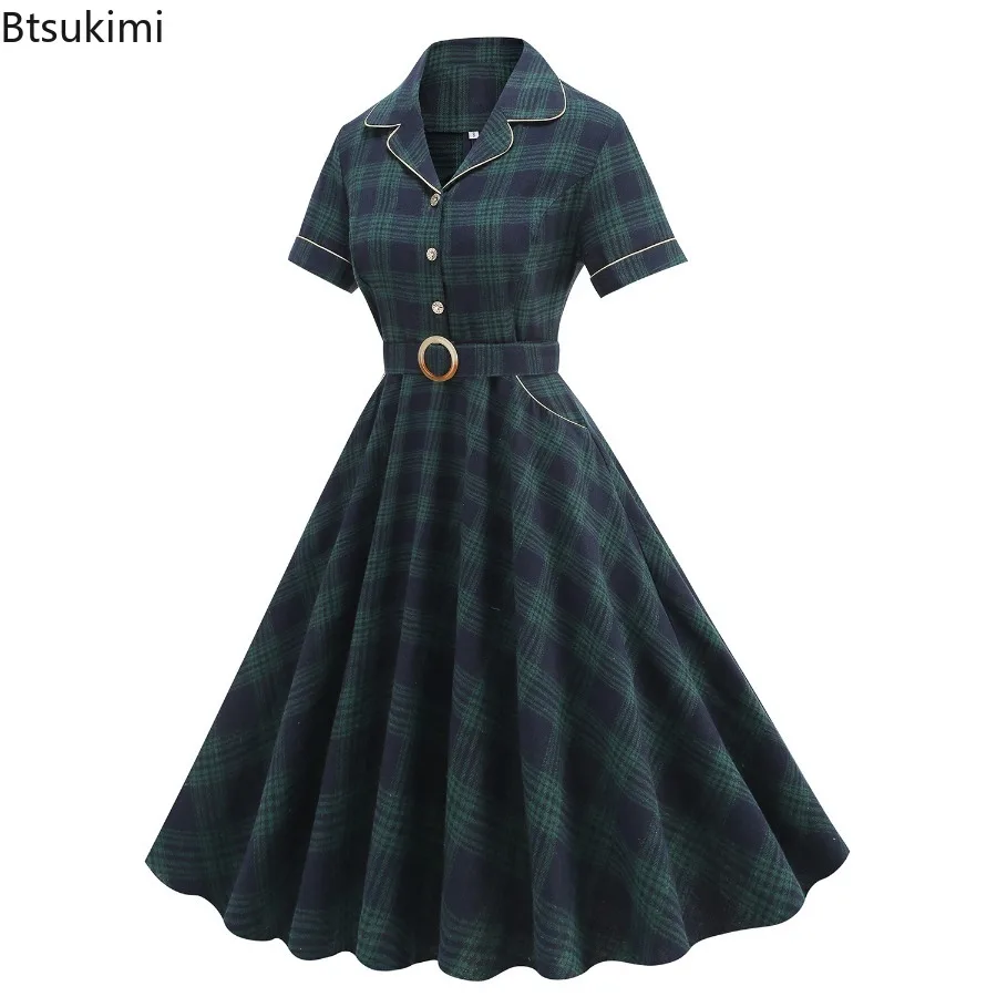レディース ヘップバーン風 エレガント グリーン チェック柄 ヴィンテージ カジュアル ドレス 襟付き パッチワーク ビッグスイング ロカビリードレス