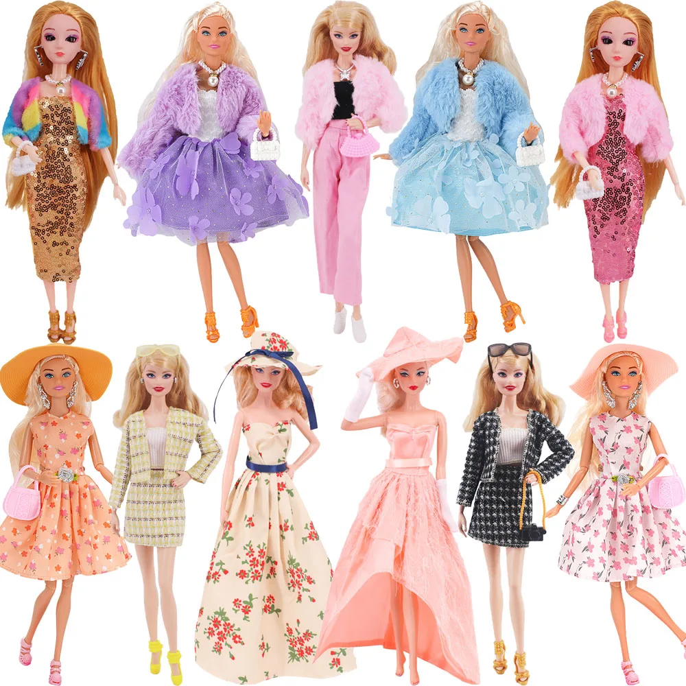 Fashion Dress Set Plush Coat Jewelry Hat Shoes For barbies Clothes Doll Accessories Banquet Attire Baby Girl babie Doll Clothes