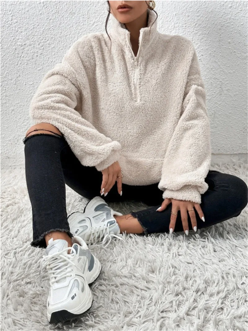 2026 Autumn Winter New Plush Thick Women's Stand Up Collar Half Zipper Pullover Fashion Casual Loose Large Pocket Sweatshirt