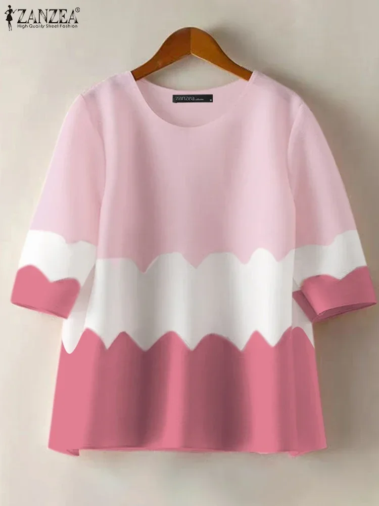 ZANZEA 2025 Summer Women Blouses Fashion Vintage Casual Short Sleeve Colorblock Blusas Tunics Casual O-neck Tops Streetwear