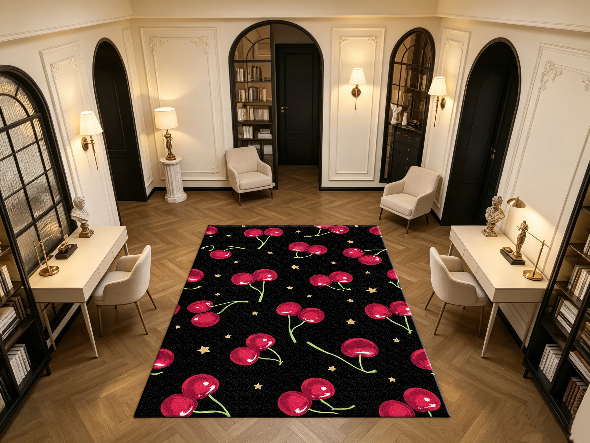 Red Cherry Golden Star Black Background Carpet Flooring Fruit Household Indoor Decor Floor Rug