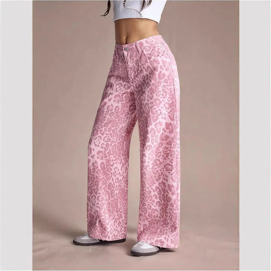 Denim Pant Women Jeans Vintage Wide Leg Long Pants Leopard Print High Waist Straight Trousers Y2k Streetwear Elegant Casual