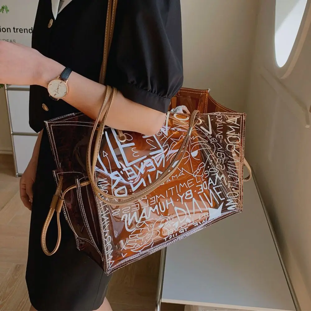 

Casual Graffiti Transparent Tote Bag Waterproof Large Capacity Shoulder Bag Portable PVC Jelly Clear Bag Summer