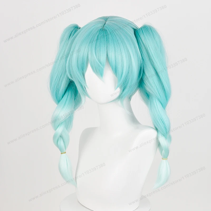 Miku Bunny Cosplay Wig 45cm Pre Braided Double Ponytails Cyan Gradient Hair Anime Heat Resistant Synthetic Wigs