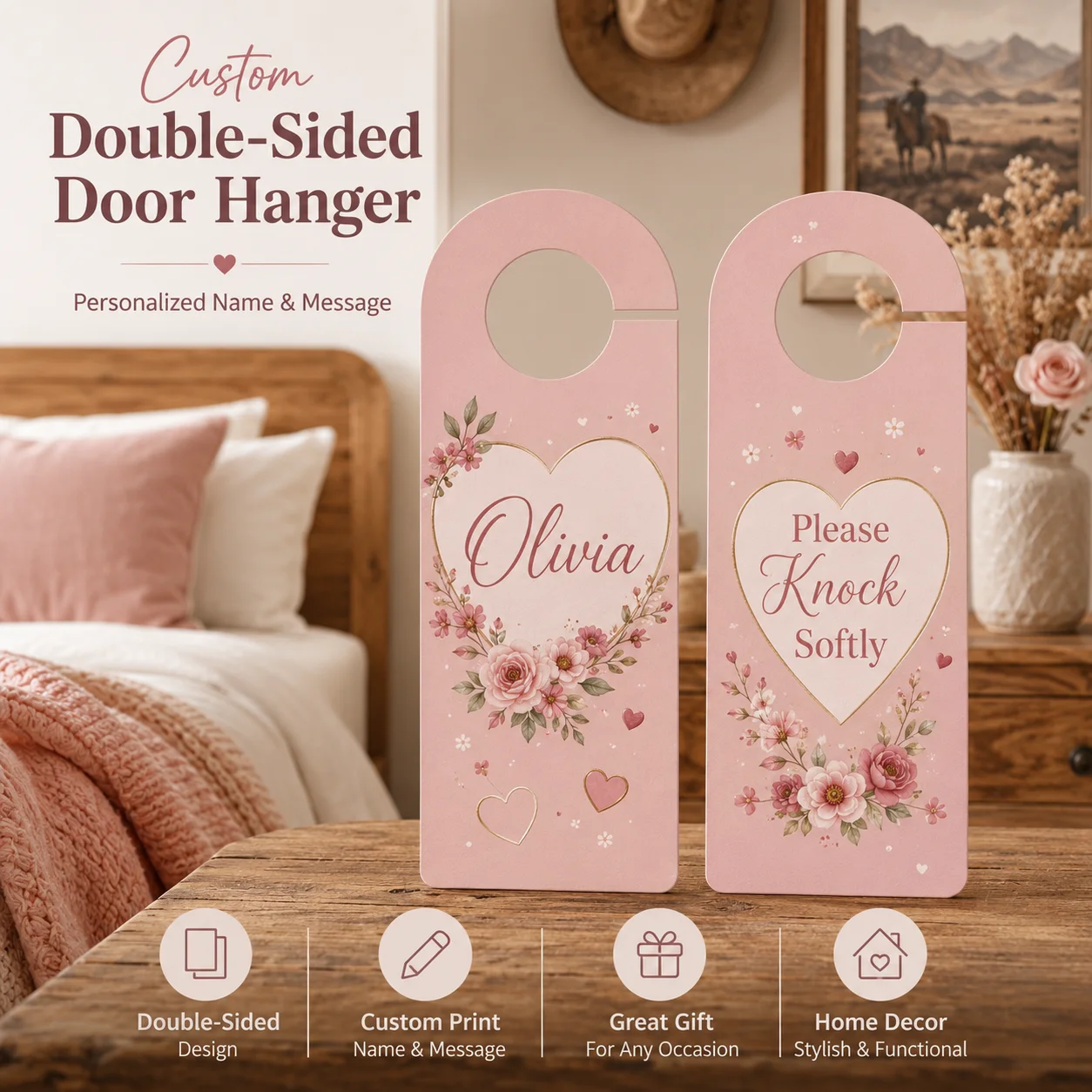 Home Decor Names - Personalisierter doppelseitiger Türgriffhänger mit Namens- und