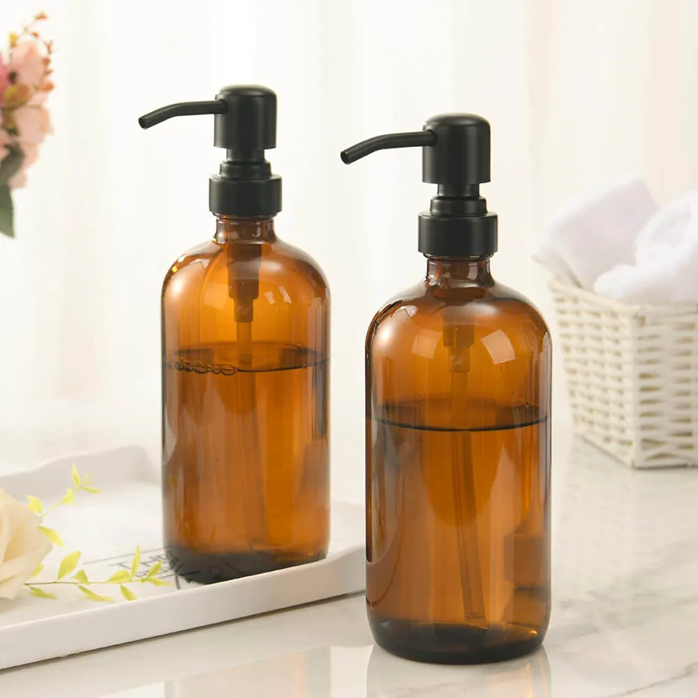 Amber Glass Soap Dispenser with Black Pump, Liquid Hand Soap Dispenser for Bathroom, Kitchen Dish Soap Dispenser, 16Oz 500ml