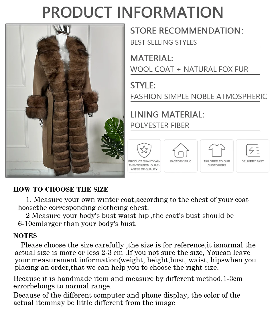 หรูหราขนสัตว์ Trench Coats เสื้อขนสัตว์ยาว Fox FUR Trim ฤดูหนาว WARM CASHMERE Coat ผู้หญิง