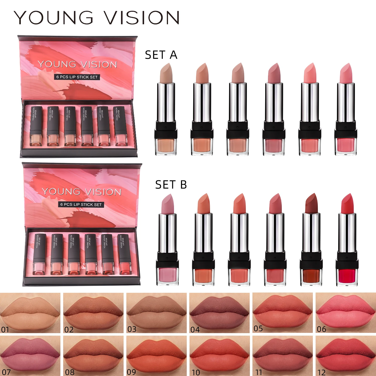 YOUNG VISION 6 매트 벨벳 립스틱 세트 방수 비 페이드 실키 머드 느낌 흰색 얇은 반투명 라이트 립글레이즈 세트